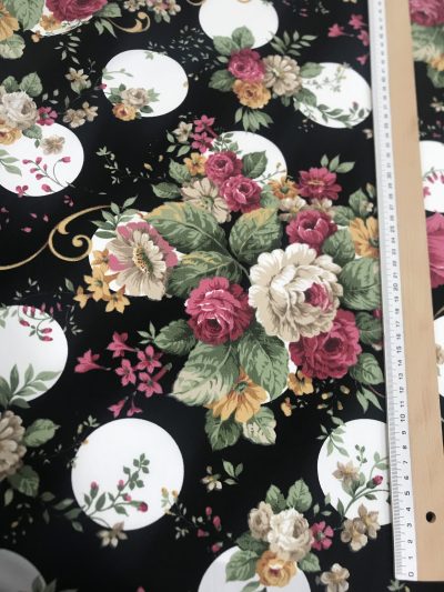 Popelín Flamenca Negra Lunar Blanco Grande/Flores